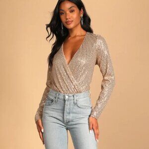 Rose Gold Sequin Long Sleeve Bodysuit